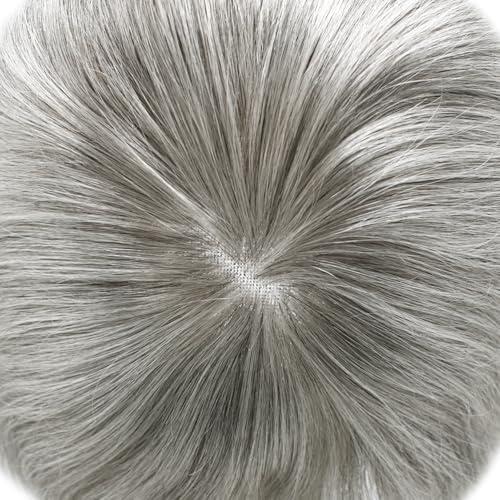 LYRICAL HAIR Toupee for Men Hair System Replacement Mens Human Hair Piece Fine Mono Mens Toupee Clear Poly Skin Around Hairpiece Monofilament Wig 6\"X8\" #1B80 Off Black+80% Gray-110% Light to Medium Density