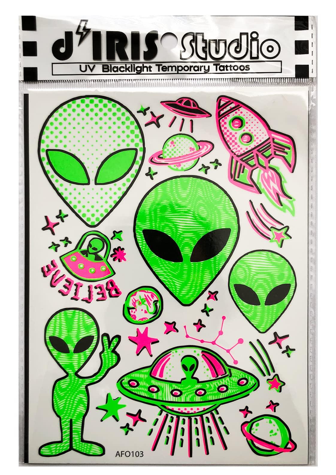 d'IRIS studio Temporary UV Blacklight Reactive Tattoos  1 Sheet Alien UFO Design Body Art Festival Accessories Glow in the Dark Party Supplies | 7.2 x 5.2 Temp Tattoos Great for EDM EDC Party Rave Parties