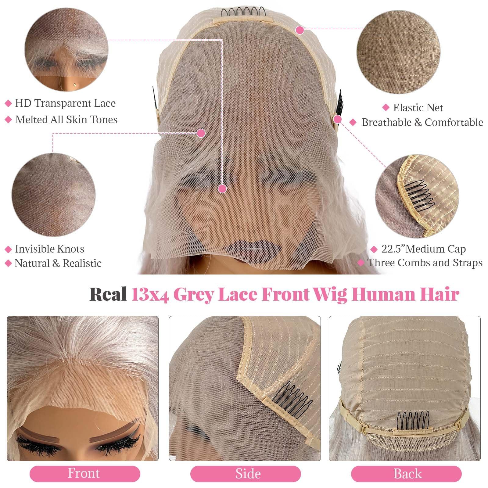 Licoville Grey Human Hair Lace Front Wigs for Women Free Part 13x4 HD Transparent Grey Lace Front Wig Human Hair Pre Plucked Straight Long 28 Inch Gray Lace Front Wigs Human Hair Silver Gray Wig 180% Density