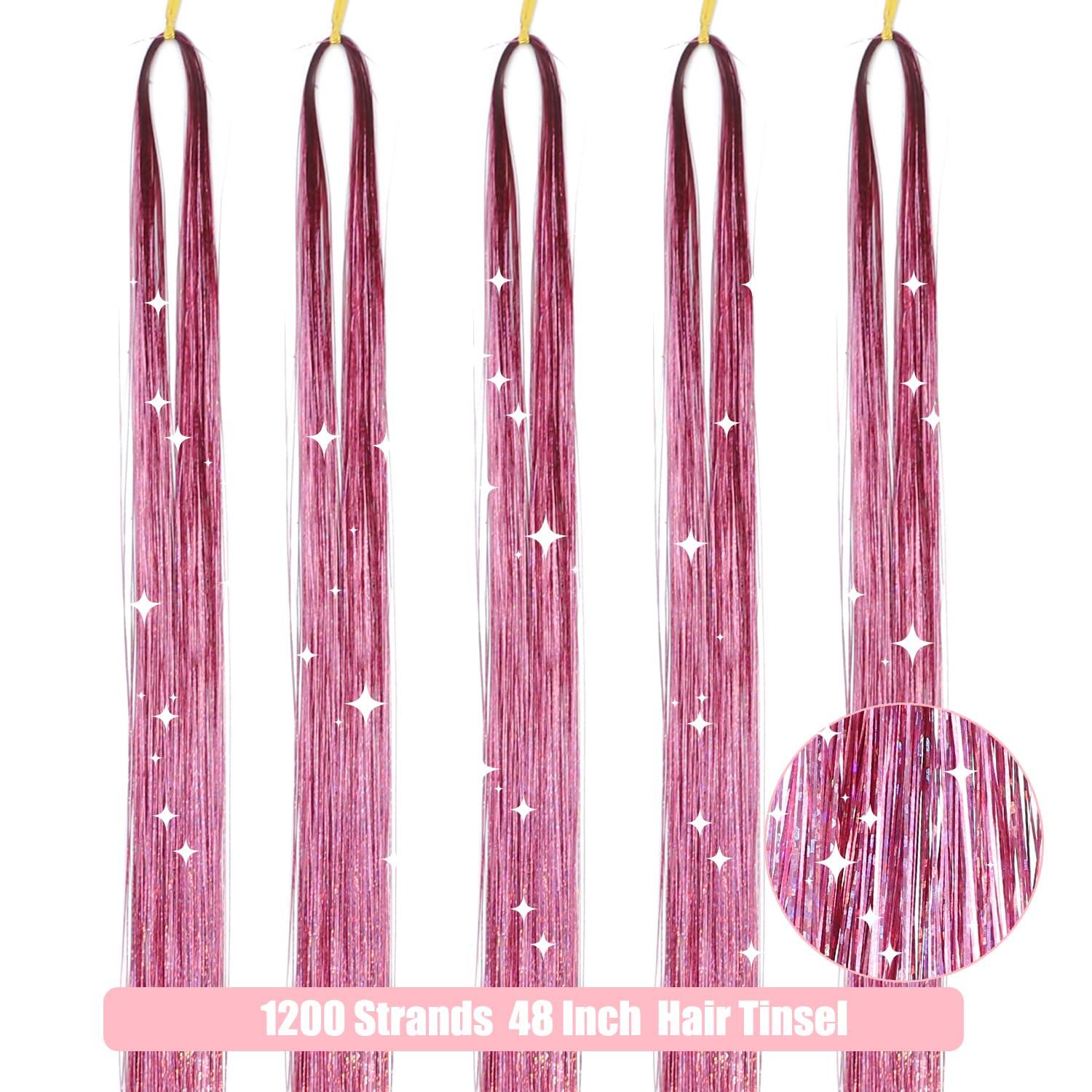 AIFIHIYI AIFIHIYI Hair Tinsel Kit with Tools 48 Inch 1200 Strands Pink Tinsel Hair Extensions Fairy Hair Tinsel Kit Heat Resistant Glitter Hair Extensions Tensile Hair Accessories for Girls Women (Pink)
