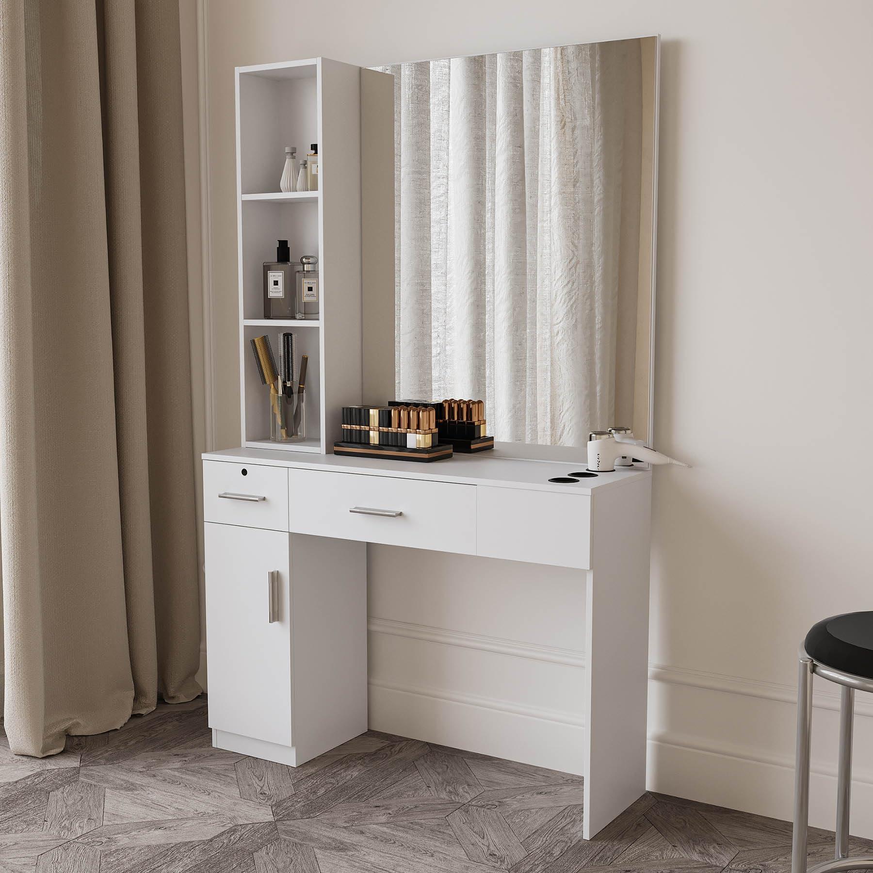 RIDFY Barber Station with Mirror, Hair Salon Stations for Hair Stylist with 3 Hair Dryer Rack, Beauty Spa Furniture Equipped with 3-Storage Shelf, Cabinet, 2 Lockable Drawers, (White)