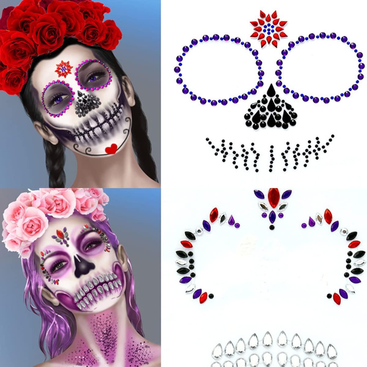 Jacnkb Skull Face Gems Jewels Rhinestone, Halloween Temporary Face Tattoos, Day of the Dead Face Tattoo Stickers, Crystal Body Gems Stick on Face for Festival Rave Party Cosplay 2Pcs