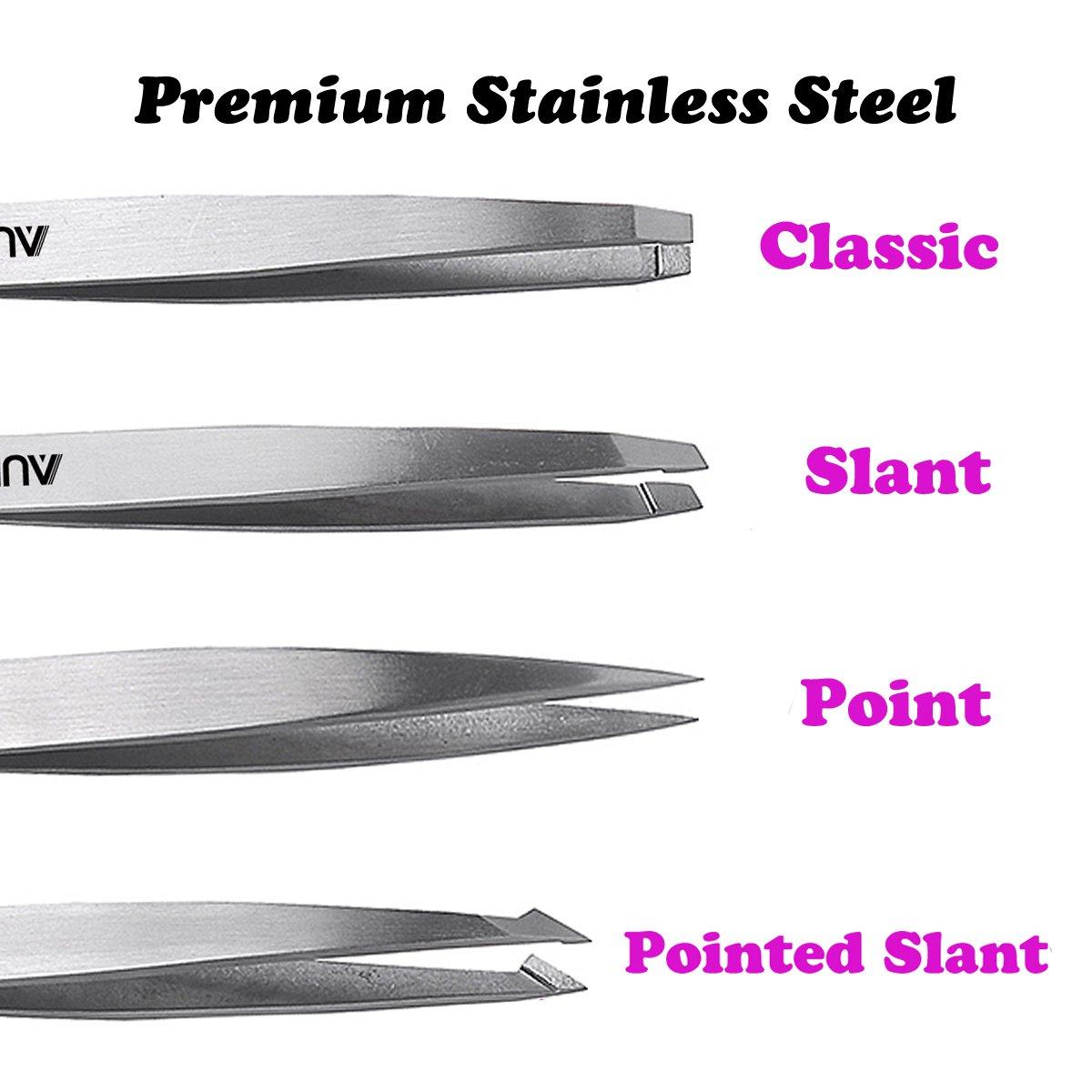 AUMELO Tweezers Set 4-Piece Professional Stainless Steel Tweezers Gift with Travel Case by Aumelo - Best Precision Eyebrow and Splinter Ingrown Hair Removal Tweezer Tip,No Colored & Chemical Free