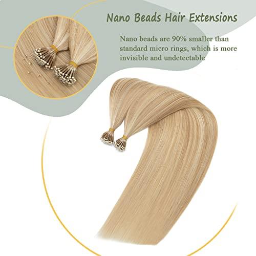 SEGO SEGO Nano Bead Ring Human Hair Extension Pre Bonded Nano Tip Remy Hair Extensions Micro Beads Rings Loop Hand Tied Hairpiece 18 Inch #18P613 Ash Blonde&Bleach Blonde 1g/strand 50g/pack