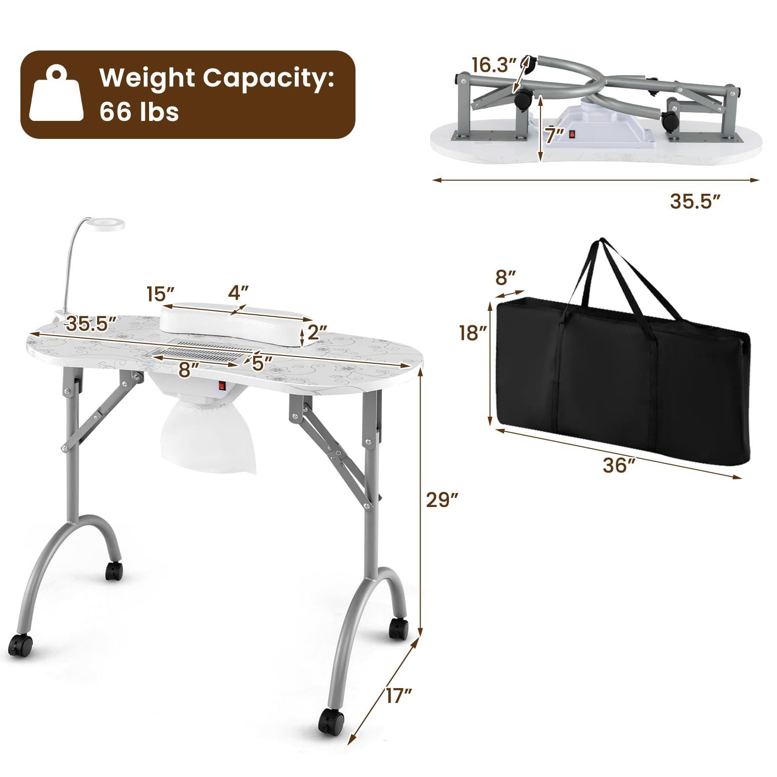 WELLHUT WELLHUT Nail Table All-in-One Manicure Desk w/Electric Dust Collector, LED Nail Lamp, Carry Bag & Wrist Cushion, Mobile Nail Desks w/Universal Mute Wheels for Manicurists Home Spa Beauty Salon