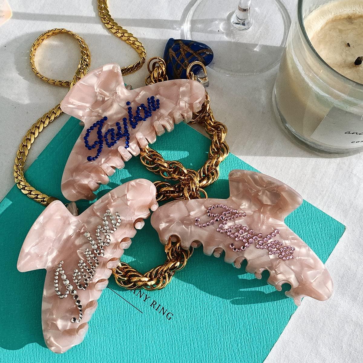 BAMERAL Custom Hair Claw Clips, Personalized Name Large Hair Claw Clips, Rhinestone Letter Claw Clips for Women Thick Hair Strong Hold Hair Accessories for Women (Light Shell Pink)