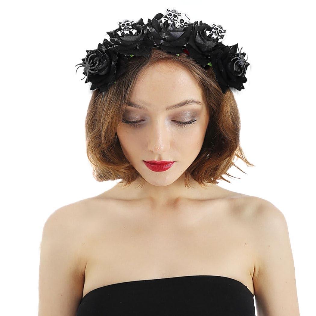 Woeoe Woeoe Halloween Skull Headband Black Rose Flower Costume Day of the Dead Headpiece Spider Mexican Floral Crown for Women and Girls