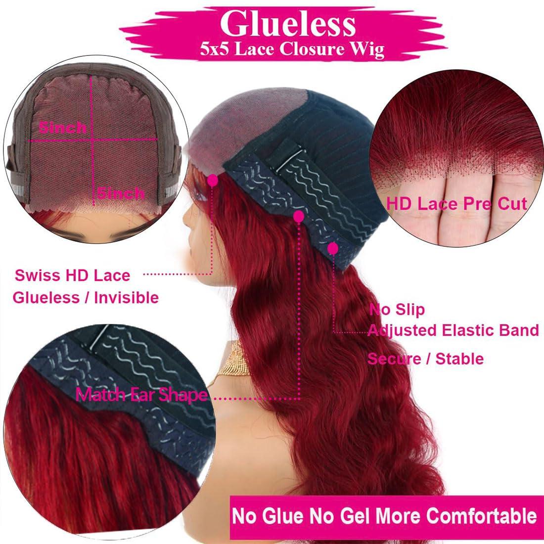 Ladyrite 99J Burgundy Lace Closure Wigs Human Hair Glueless Wigs Human Hair Pre Plucked Pre Cut 5X5 Lace Front Wig 99J Body Wave Lace Closure Wigs Pre Plucked With Baby Hair 180 Density for Women 16 Inch