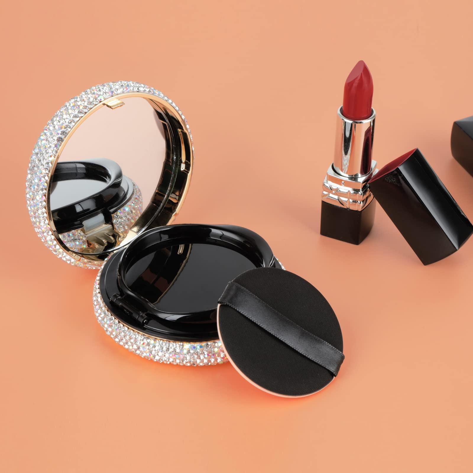 KEYPOWER KEYPOWER Makeup Powder Empty Box with Bling Diamond Loose Powder Compact Empty Container with Powder Puff and Mirror Refillable for Home or Trip (White)