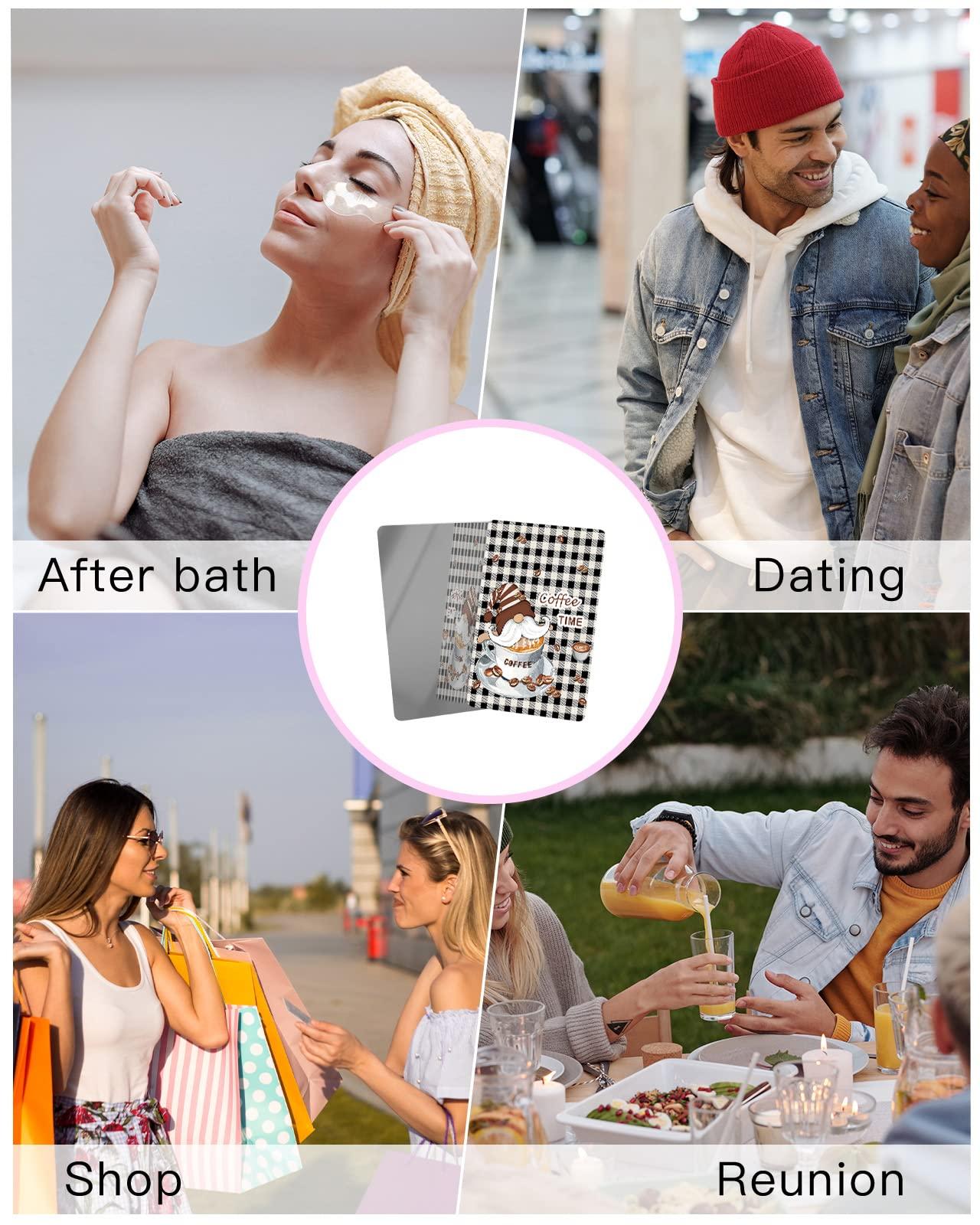 OComster OComster Cute Gnomes Cafe Compact Mirror Bulk 4 Pack Card Mirror, Coffe Bean Black and White Buffalo Plaid Small Compact Mirror for Purse, Rectangular Handheld Pocket Makeup Mirror