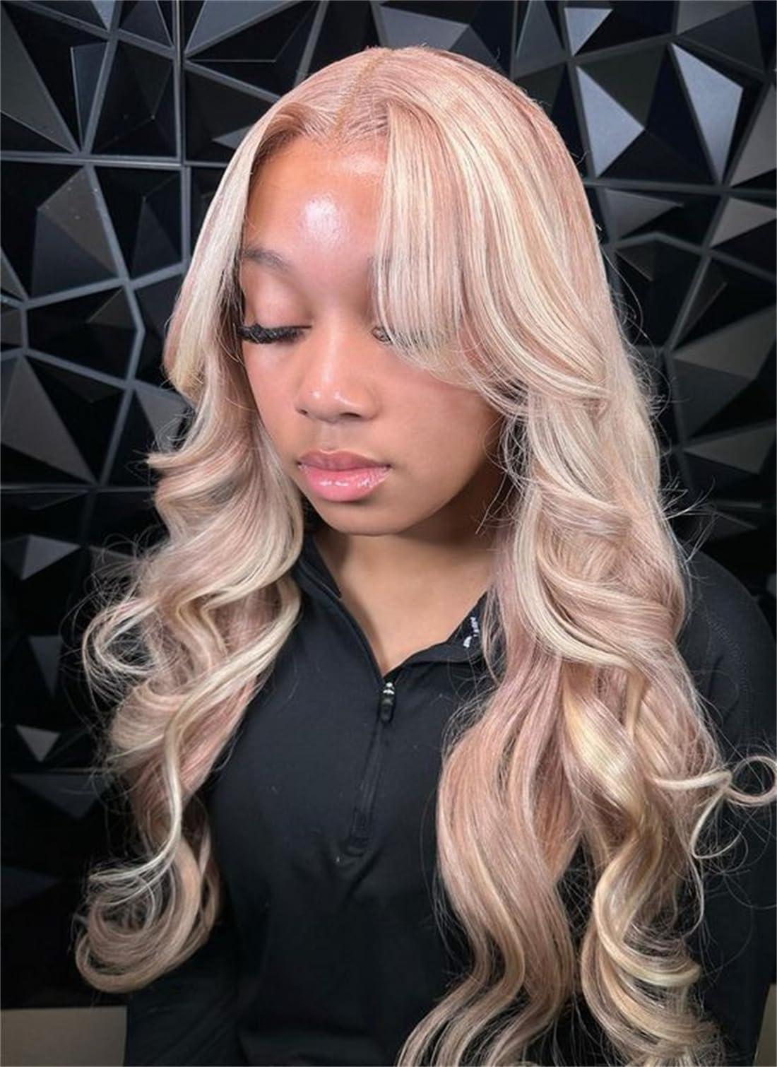 Rina Pink with Blonde Highlight Lace Front Wig Human Hair 200% Density Fuller Body Wave Rose Highlight Blonde 13x4 HD Lace Wig for Women Pre Plucked Pink Rose Highlight Blonde Human Hair Wig 26 Inch