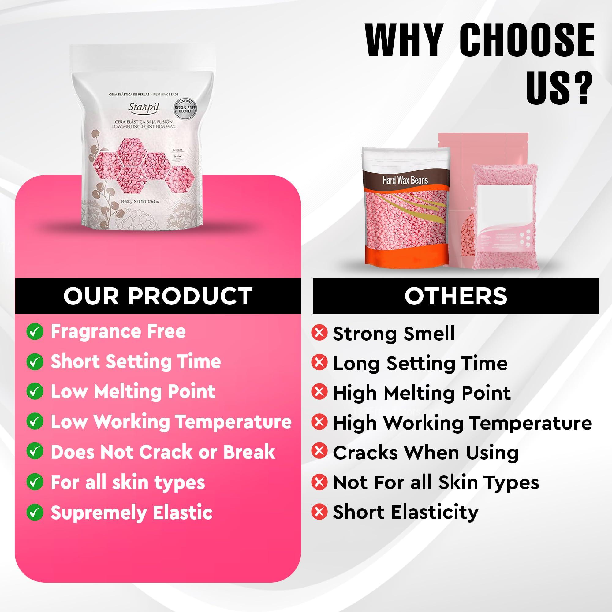 Starpil Starpil 500g/1.1 lb Rosin-Free Pink Hard Wax Beads - Painless Stripless Polymer Blend Bikini Wax for Face, Coarse Hair & Sensitive Skin