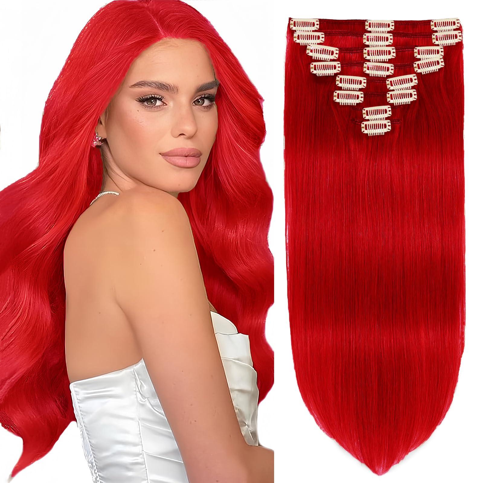 FZV Clip in Hair Extensions Red Hair Extensions Real Human Hair Clip ins 120g 8pcs Silky Straight Natural Hair Extensions Remy Human Hair for party, No shedding No Tangling (20inch)