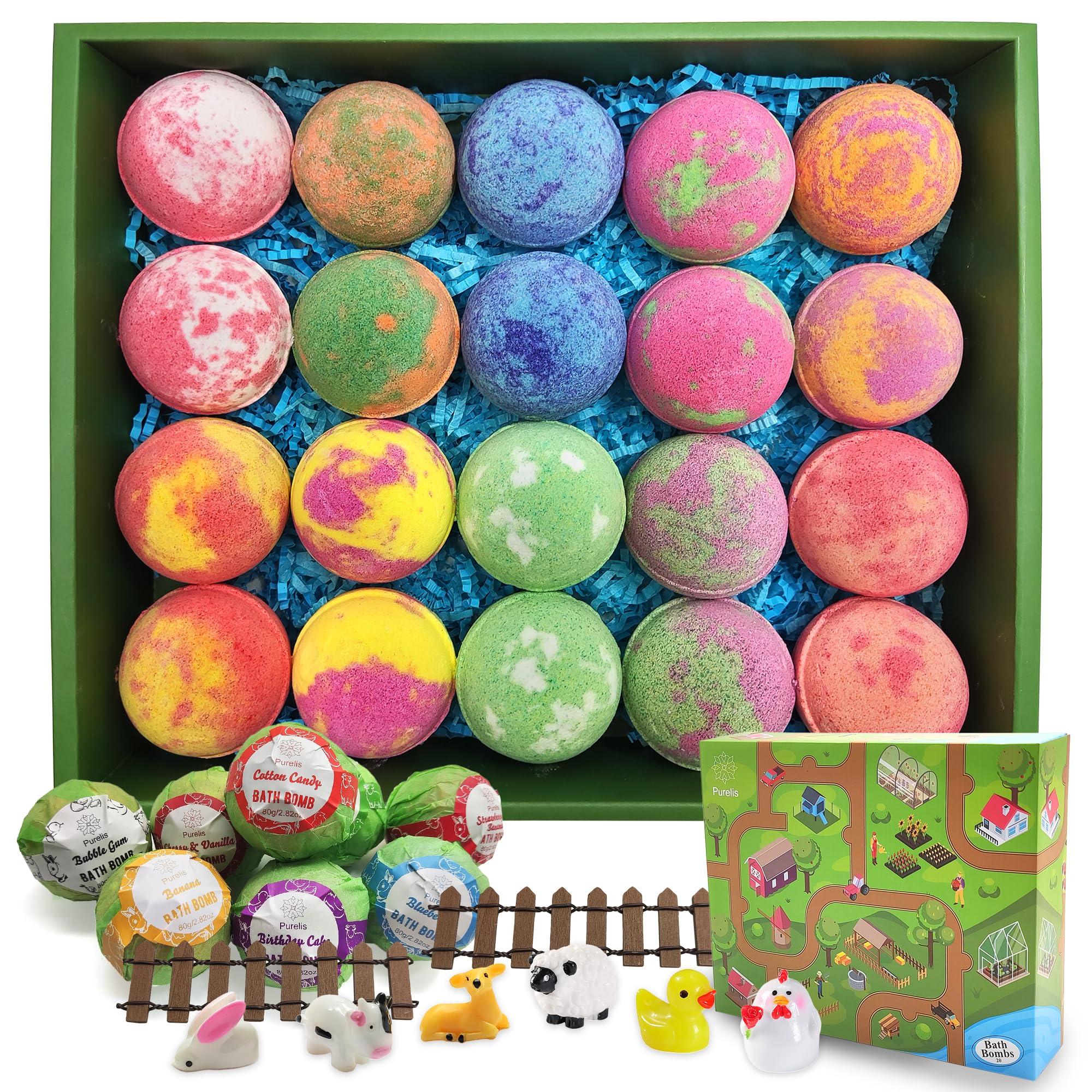 Joanne Arden Organics Kids Bath Bombs Gift Set. 20 Natural Bath Bombs with Toys Inside & Farm Playmat. Animal Bath Bombs for Boys and Girls with Prize Inside
