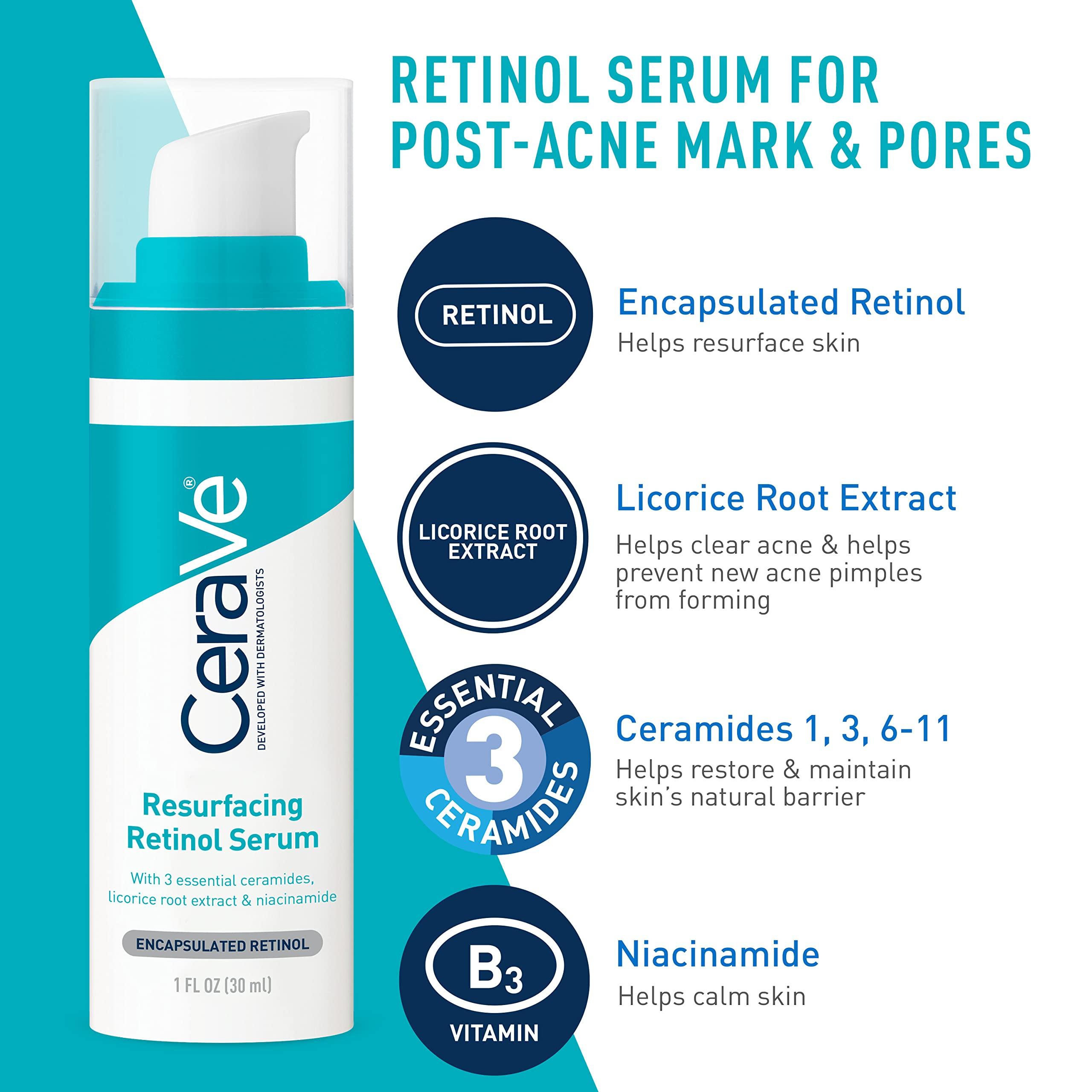 CeraVe CeraVe Acne Skin Care Set, 5oz Acne Foaming Cream Cleanser + 1oz Resurfacing Retinol Serum + 2oz AM Facial Moisturizing Lotion with SPF 30 + 2oz PM Facial Moisturizing Lotion