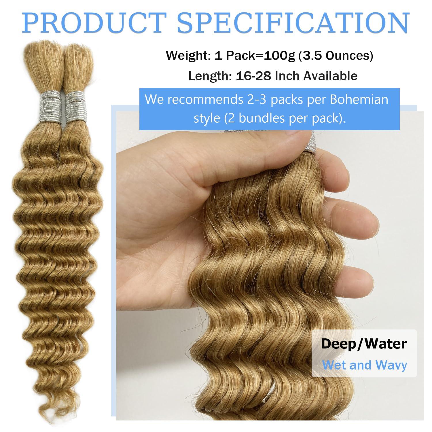 Hoscod Deep Wave Human Hair Bulk 26 Inch 100g Honey Blonde Boho Braids Human Braiding Hair Wet And Wavy Human Hair For Bohimian Micro Braids No Weft 27 Human Hair 2 Bundles 100% Human Hair Water Wave