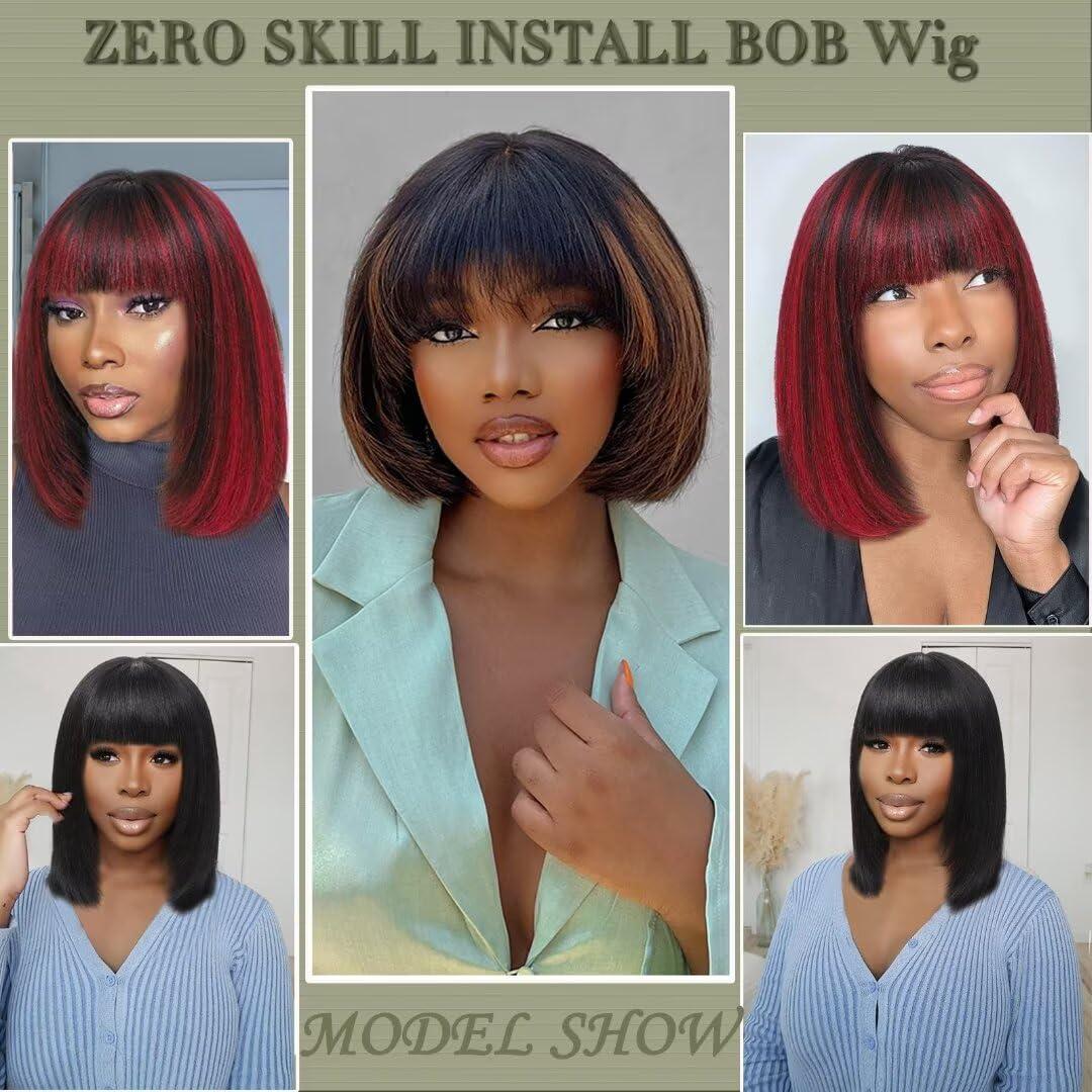 Aliesencia Aliesencia Bob Wig with Bangs Human Hair Wigs 12inch Straight Layered Bob Wigs with Bangs Human Hair 1B/99J# Highlight Glueless 2.5x1inch Lace Human Hair Wigs for Black Women(2378 1B/99J# 12inch)