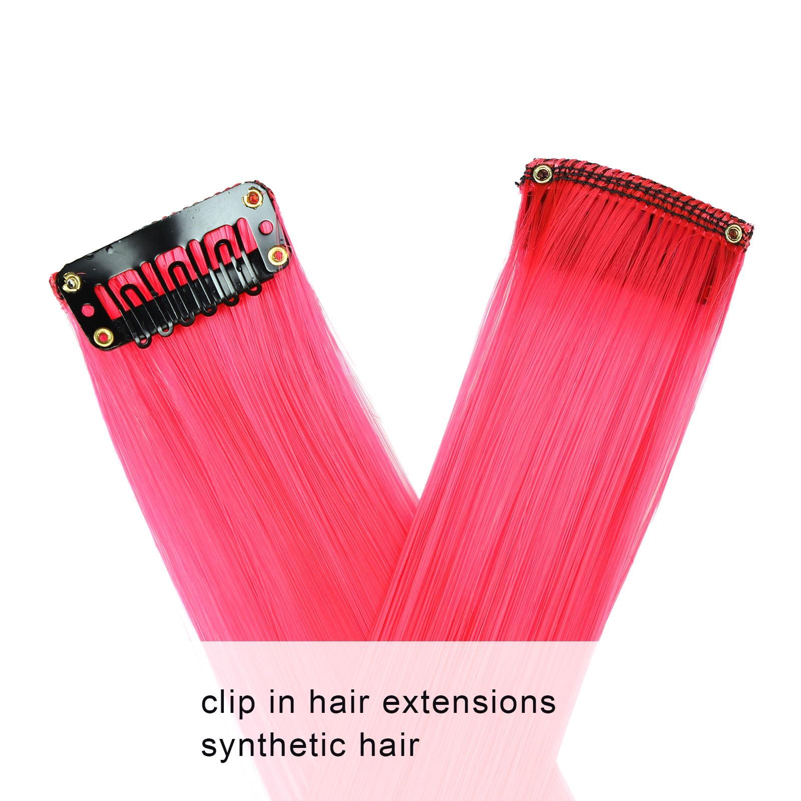 NOTICEME Clip In Hot Pink Hair Extensions for Women Girls Kids, Colored Hair Extensions, 10pcs, 22in, Synthetic Fibre