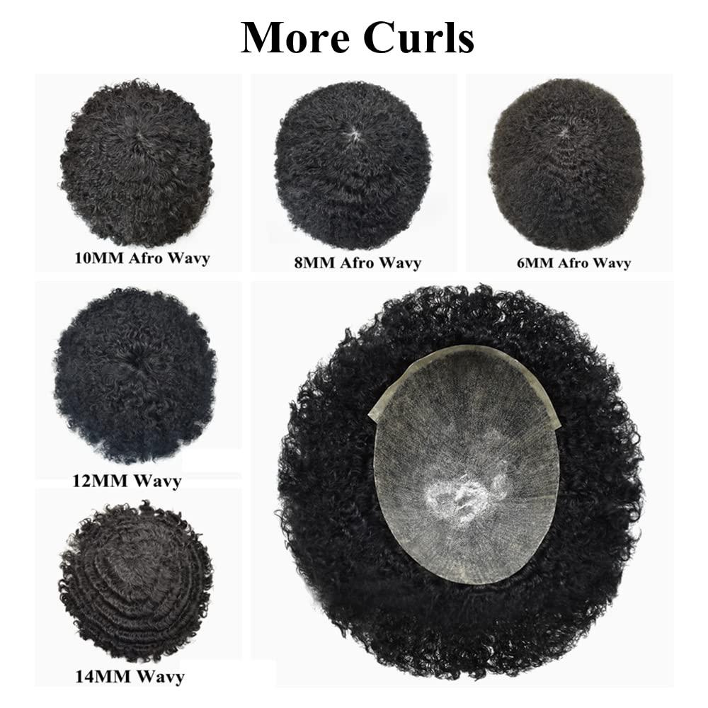 JUST HAIR Afro Toupee for Black Men Hair System African American Mens Toupee Afro Hair Replacement for Men Brazilian Curl Hair Units for Black Man Wave Hair Piece (8mm Afro Wavy, Jet Black #1)
