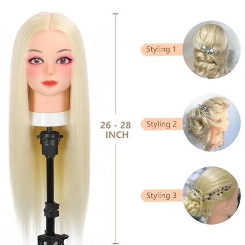 Opini Opini Mannequin Head with 70% Real Human Hair Cosmetology Hairdresser Mannequin Doll Head for Practice Hair and Makeup (#613 Blond No makeup)
