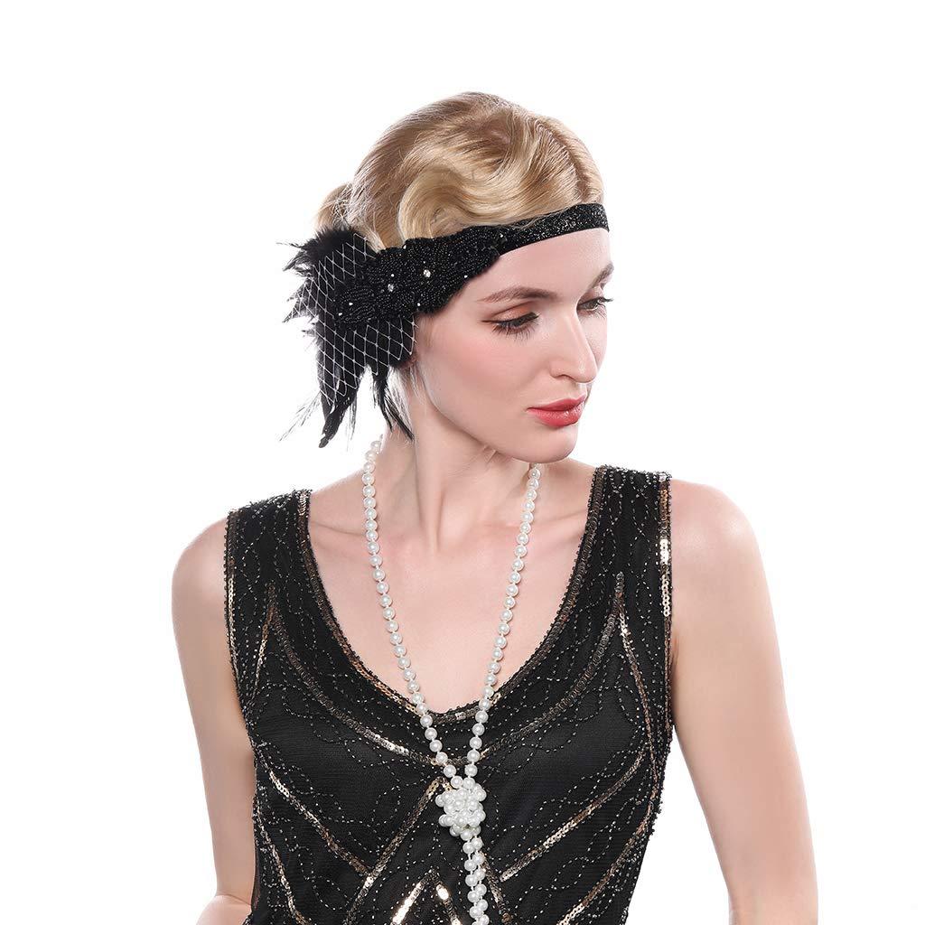 Aimimier Aimimier 1920s Flapper Feather Headband with Veil Black Beaded Sequined Costume Headpiece with Elastic Band Carnival Party Roaring Hair Accessories