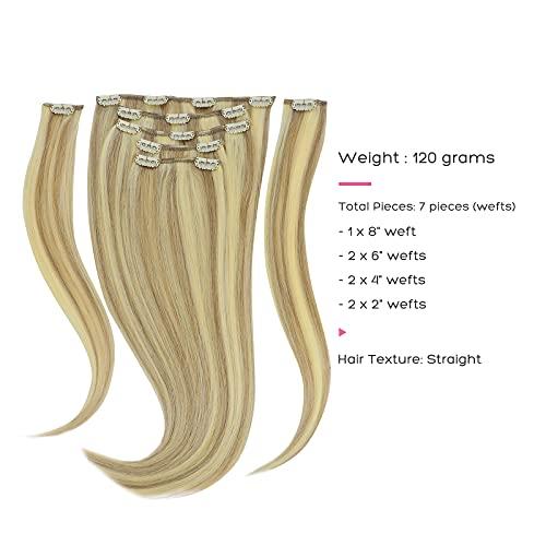 marat Marat Hair Extensions Clip in Human Hair, Light Blonde Highlighted Golden Blonde Clip in Hair Extensions 14 inch 120g Straight Clip in Hair Extensions Human Hair