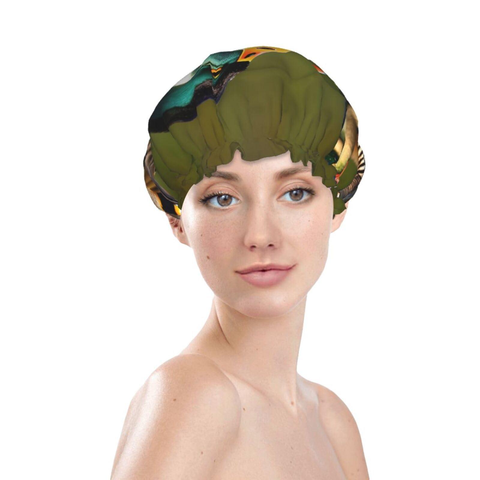 FRGMNT two mallard ducks Print Reusable Shower Cap for Women,Double Waterproof Layers Bathing Hat,Quick Drying Bath Hair Cap