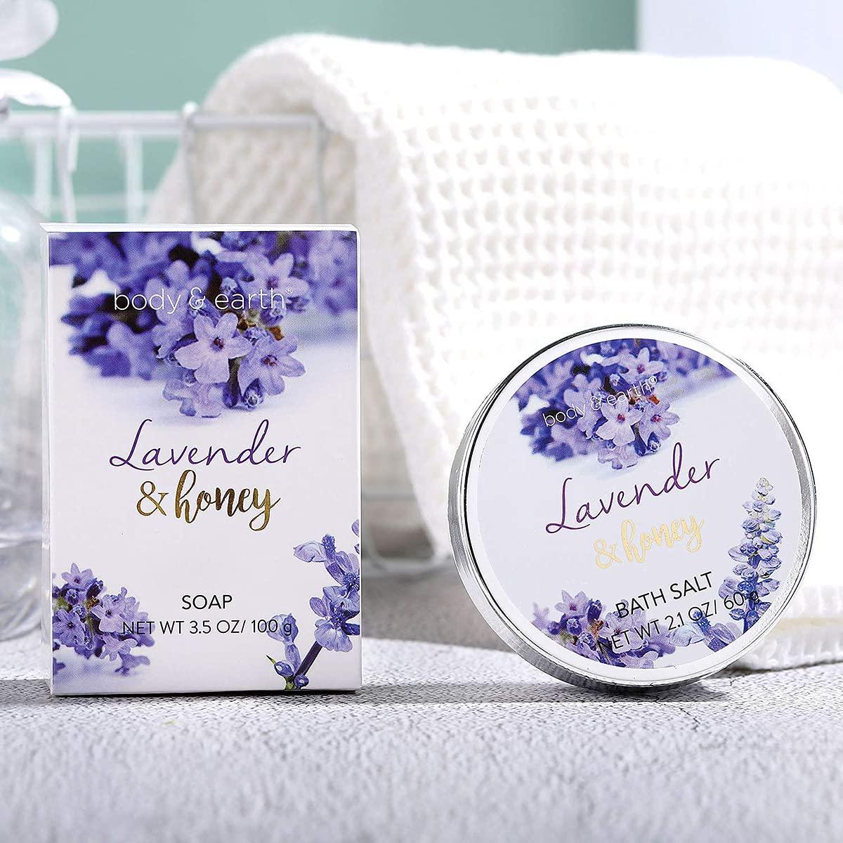 BODY & EARTH Bath and Body Gift Set - Lavender Gifts for Women, Body & Earth Bath & Shower Sets, 8 Pcs Lavender Honey Gift Sets with Bubble Bath, Lotion Set, Soap, Spa Kit for Women, Christmas Gifts for Mom