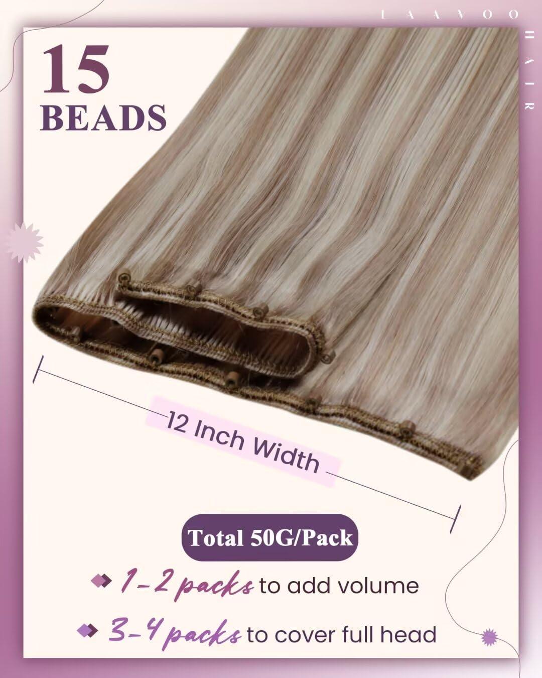 LAAVOO LaaVoo Beaded Weft Hair Extensions Ash Blonde Bead Hair Extensions Real Human Hair Weft Hair Extensions Bleach Blonde with Ash Blonde with Micro Beaded 22inch 50g