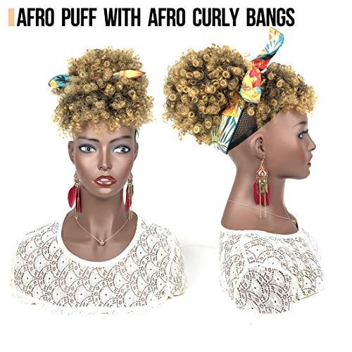 UAmy hair Afro Puff Bun with 2 Replaceable Bangs for Natural Hair Afro High Puff Drawstring Ponytail with Afro Puff Bangs and Spring Curl Bangs Clip in Short Afro Kinky Curly Pineapple Hairstyle for Black Women