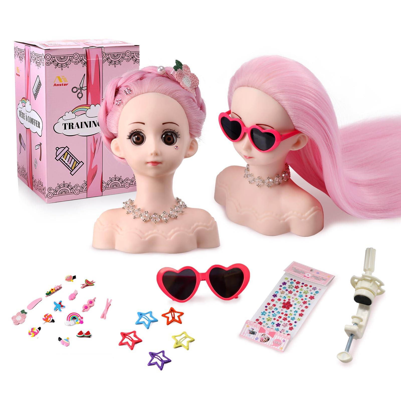 Anstar Anstar Hair Styling Doll Head for Girls Styling Head for Kids Mannequin Head with Pink Hair Doll Head for Hair Styling Braiding Cosmetology Manikin Head with Clamp Holder and Tools