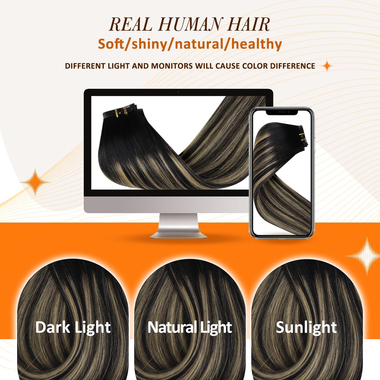 Full Shine Full Shine Human Hair Extensions Balayage Clip in Hair Extensions Off Black to Black With Caramel Blonde Hair Extensions Real Human Hair PU Weft Straight Black Blonde Hair Extensions 120Grams 18 Inch