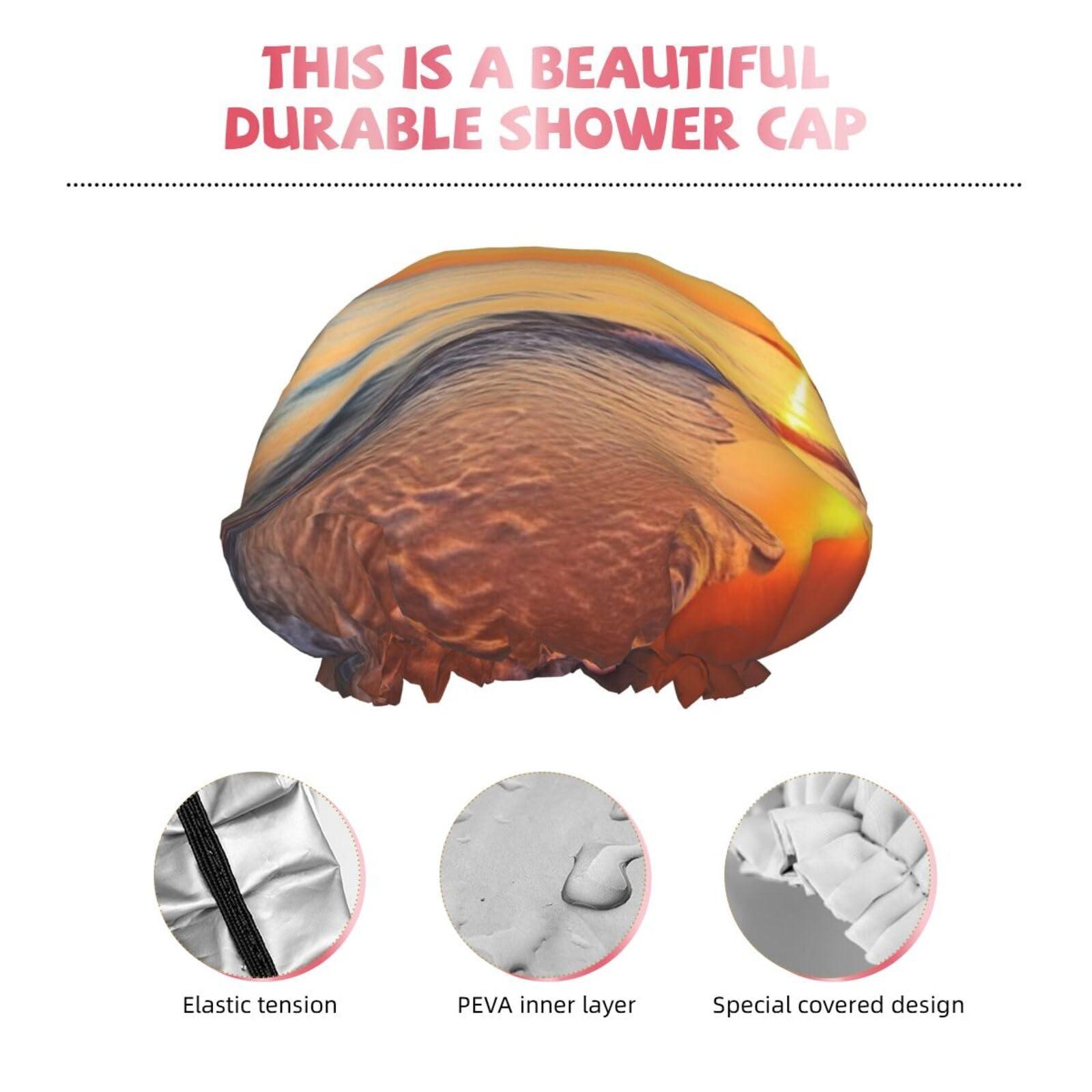 OUSIKA Reusable Shower Cap for Women Waterproof Bath Caps Double Layer Bath Hair Caps Beautiful Tropical Sunrise on The Beach Shower Hat for Ladies Spa Salon, Large Size for All Hair Lengths