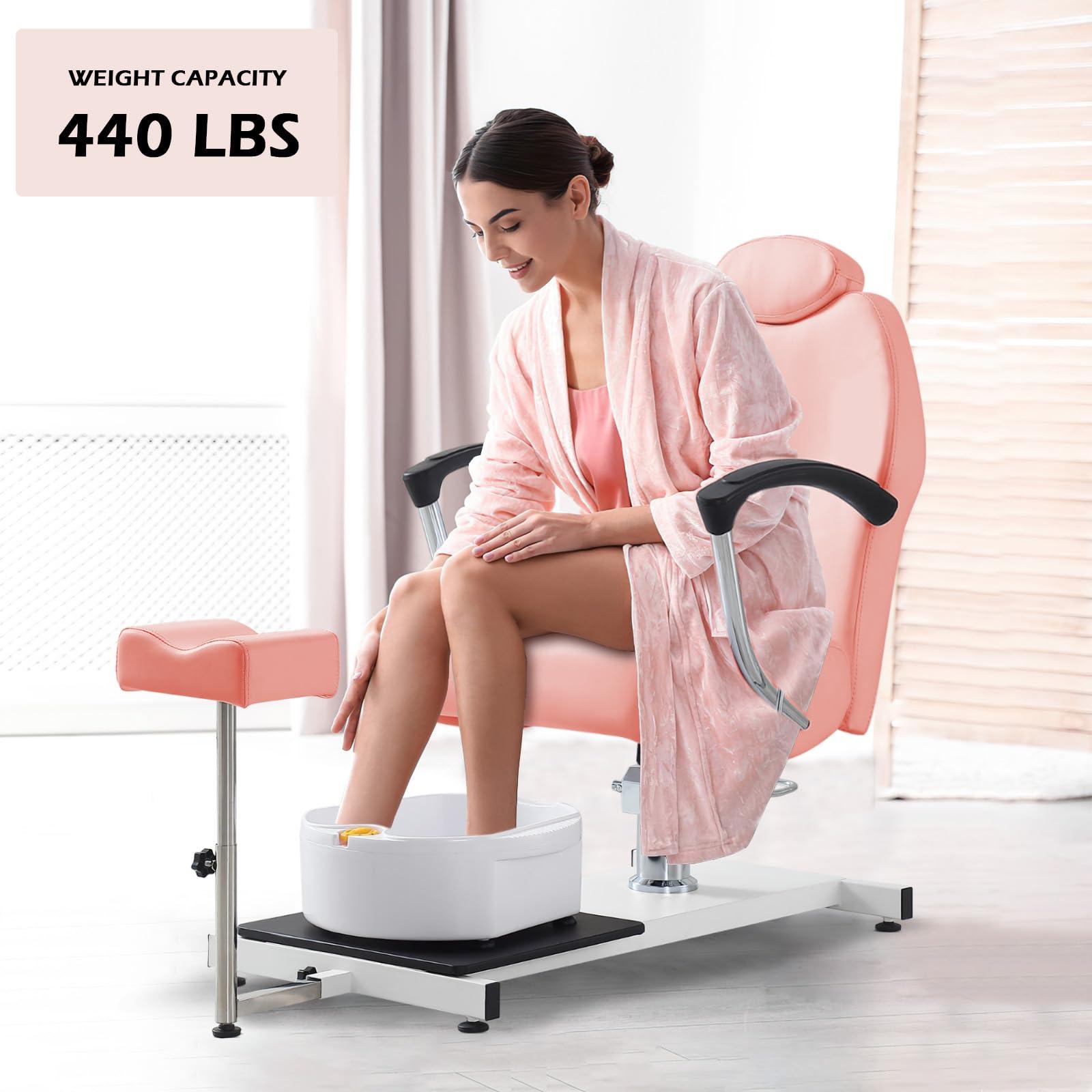 OKAKOPA OKAKOPA Reclining Portable Pedicure Station with Stool, Hydraulic Height Adjustable 360 Swivel Portable Pedicure Station w/Stool, Footrest, Foot Basin, Adjustable Headrest (Pink + Stool)
