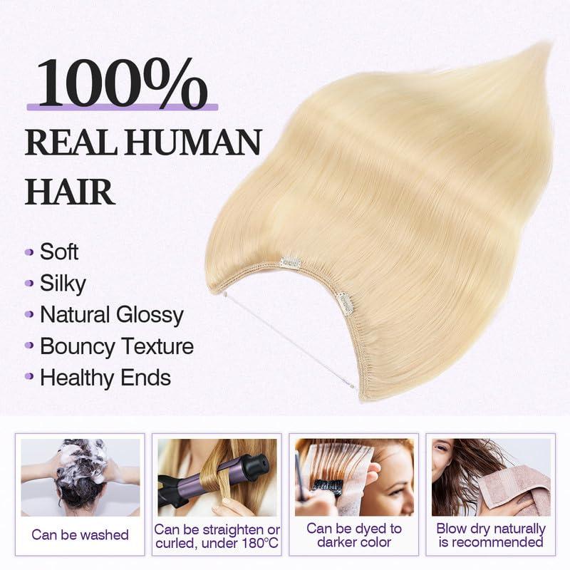 prokyvity Halo Hair Extensions Real Human Hair,Prokyvity Halo Hair Extension 100% Human Hair,Halo Extensions Real Human Hair,Human Hair Halo Extensions,Halo Hair Extension,60 Platinum Blonde 18inch