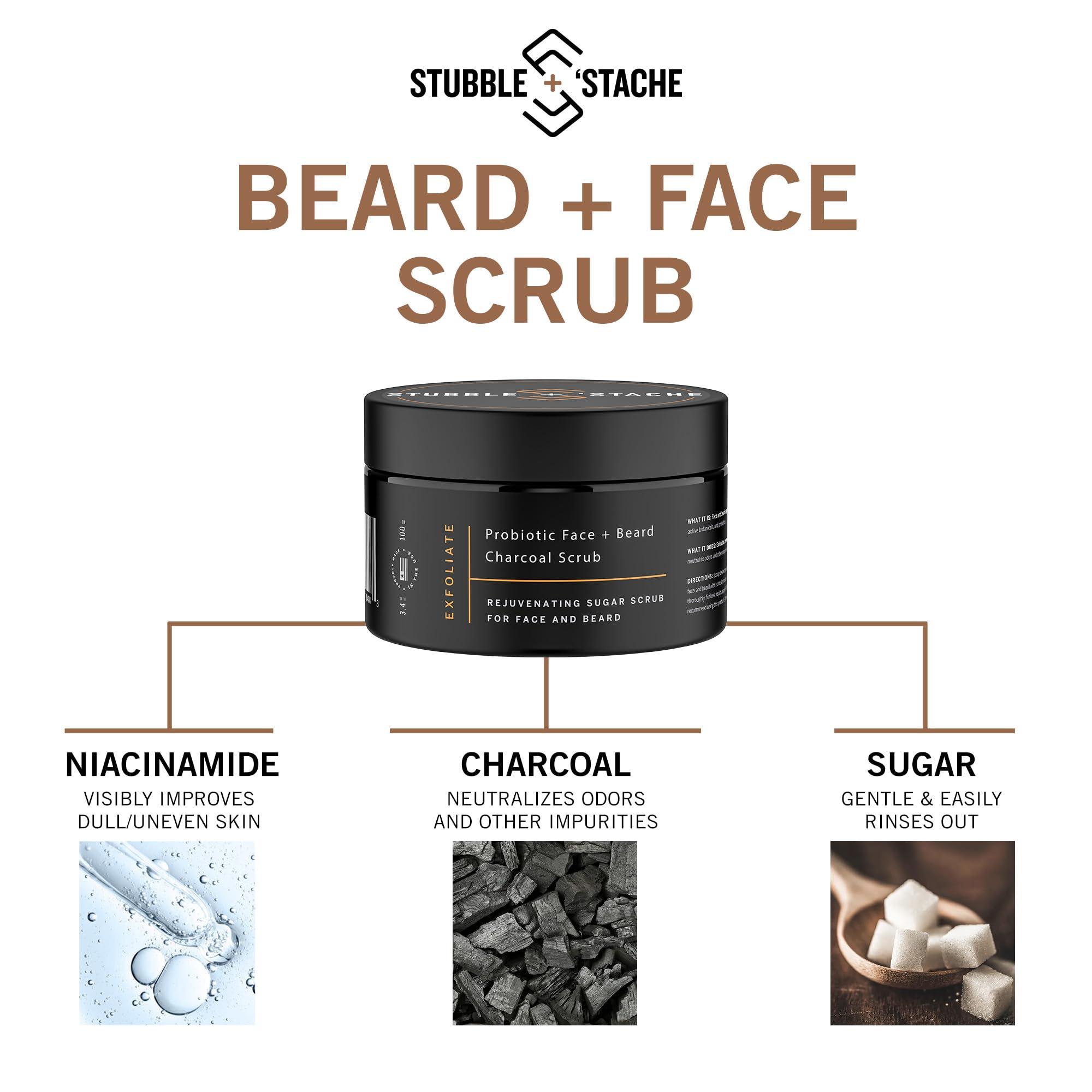 stubble & stache stubble & stache Exfoliating Probiotic Face & Beard Charcoal Sugar Scrub for Men - Deep Cleanse, Pre-Shave Wash, Natural Pore Minimizing Scrub for Daily Use - 3.4 fl oz