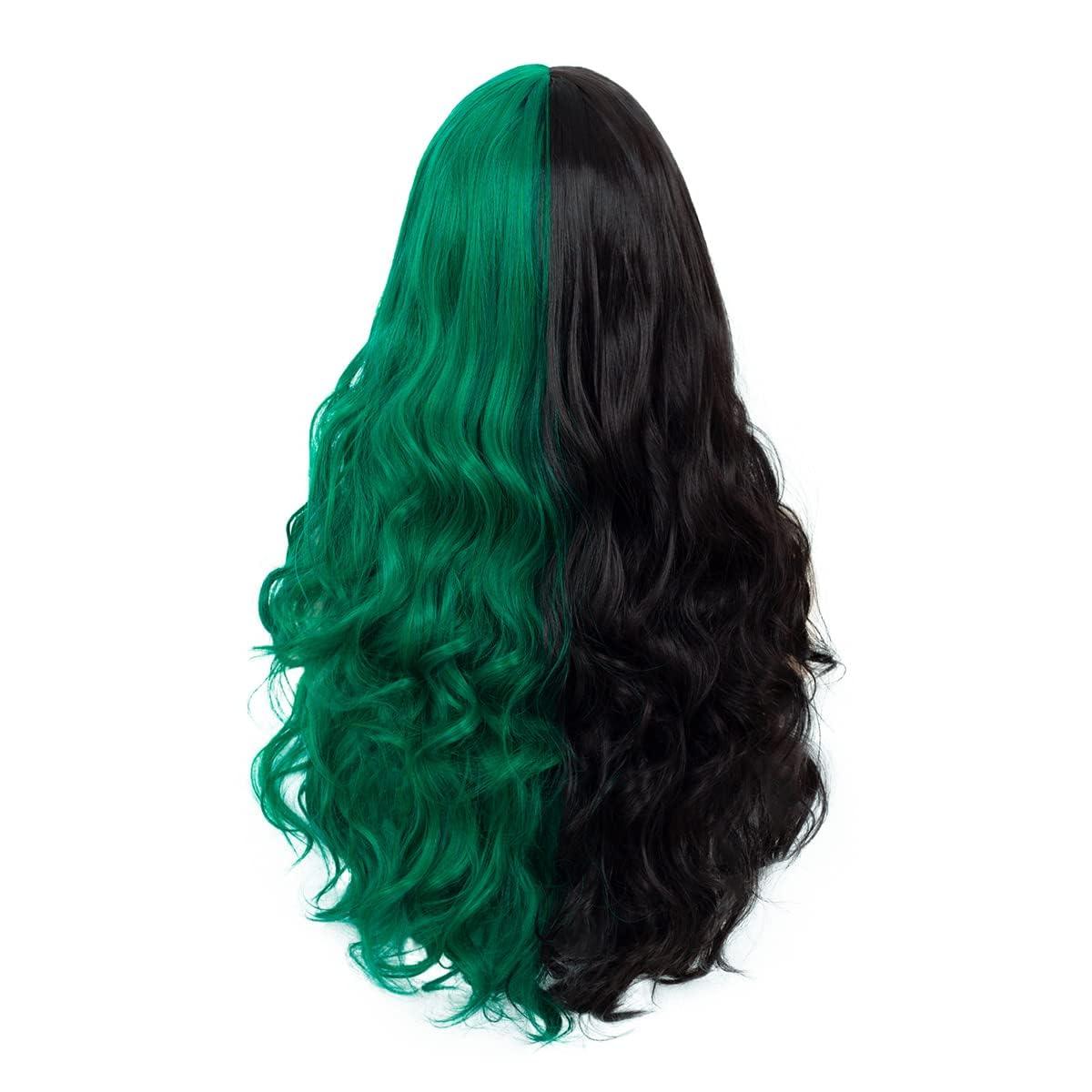 Baruisi Baruisi Half Black Half Green Wig Long Curly Wavy Black Green Synthetic Heat Resistant Costume Cosplay Bangs Wig for Women