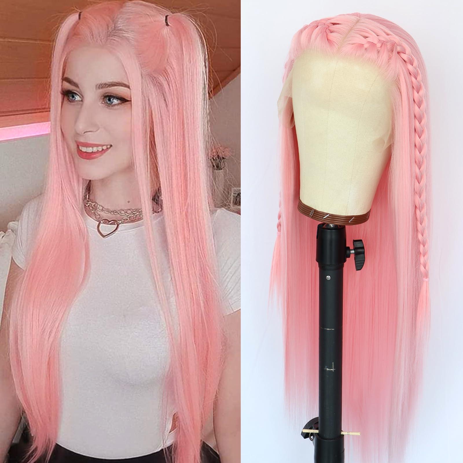 Oxeely Oxeely Light Pink Synthetic Lace Front Wigs Long Straight Hair Pink Lace Wigs Natural Hairline Pre Plucked Glueless Synthetic Lace Wigs Heat Resistant Fiber Hair Light Pink Wigs for Women Daily Wear