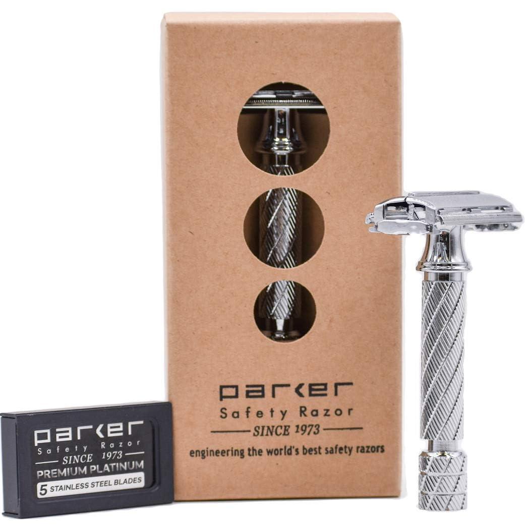 Parker Safety Razor Parker 87R Chrome Standard Length Handle Butterfly Open Double Edge Safety Razor for Men, 5 Parker Double Edge Razor Blades Included