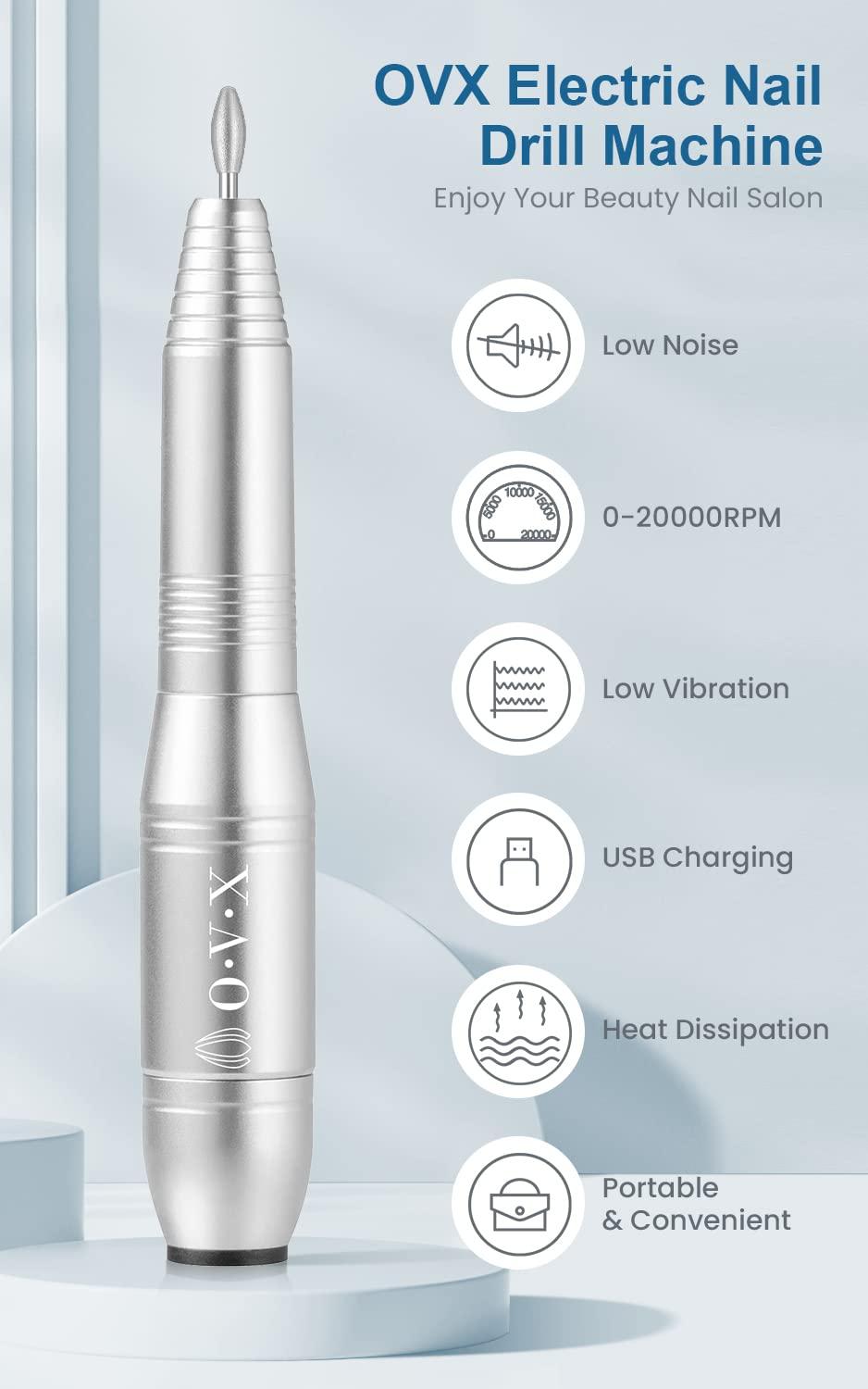 OVX Nail Drills for Acrylic Nails Professional, Portable Electric Nail Filer Kit for Gel Nail with 6 PCS Nail Drill Bits and Sanding Bands Manicure Pedicure Polishing Shape Tools for Home Salon Silvery