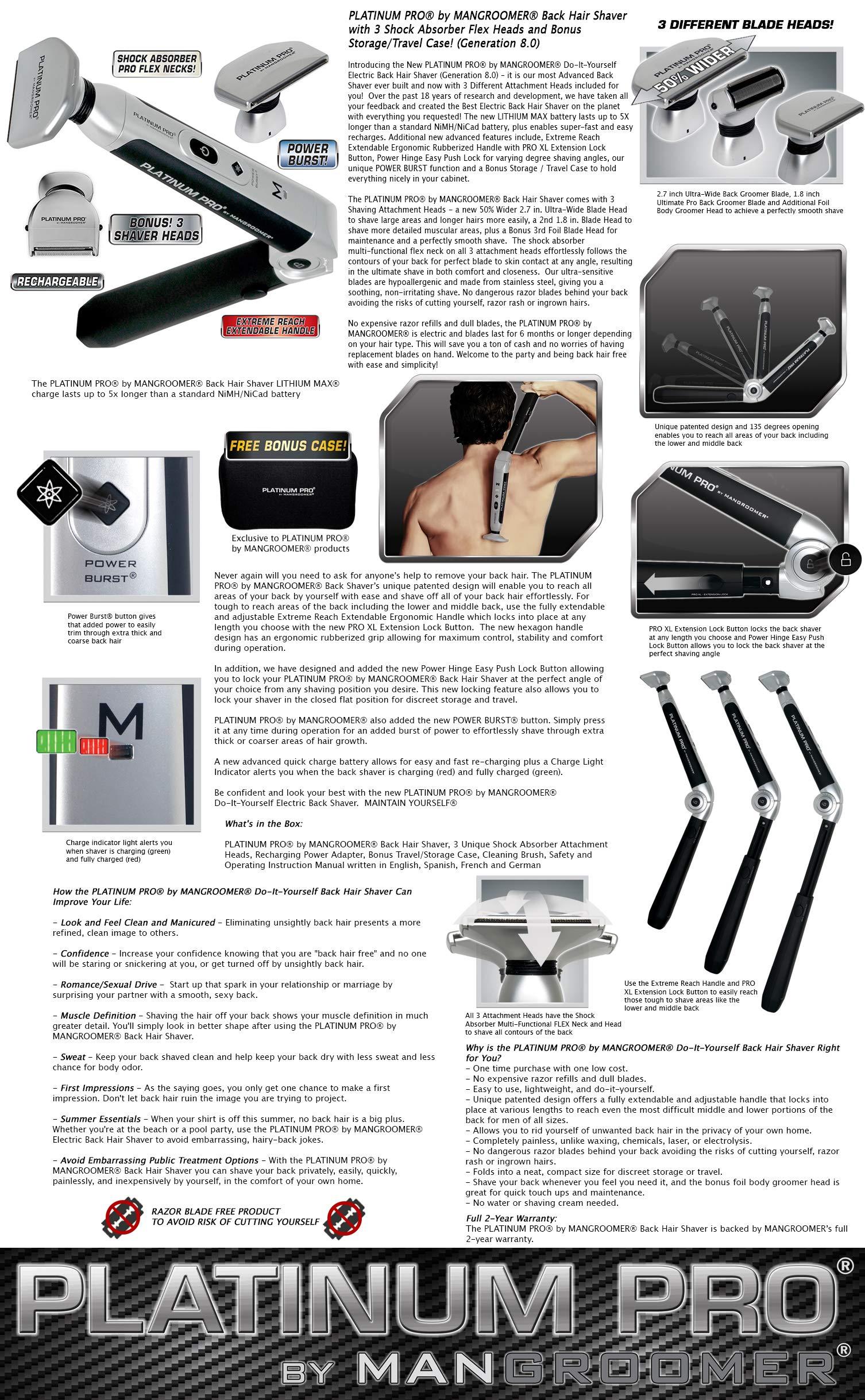 Platinum Pro MANGROOMER - PLATINUM PRO New Back Shaver with 3 Shock Absorber Flex Heads, Power Hinge, Extreme Reach Handle & Bonus Case! (Generation 8.0), 4 Piece Set