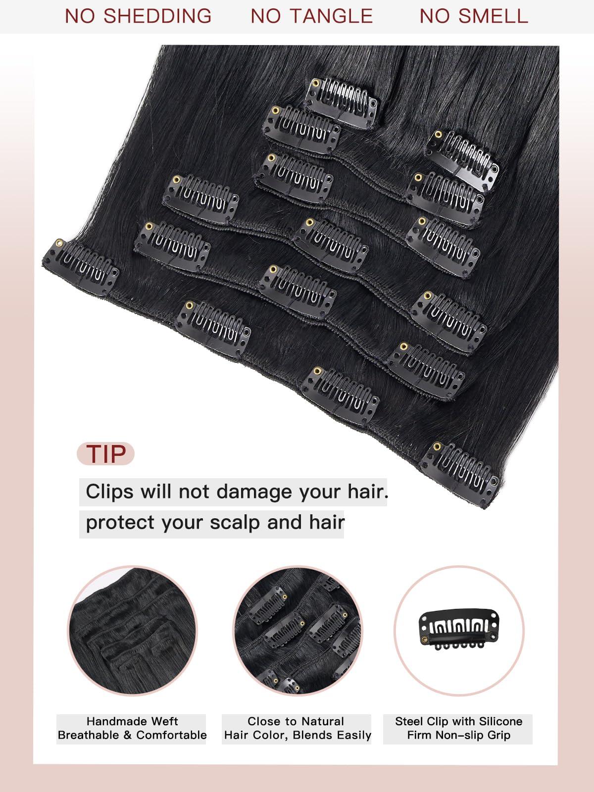 Loveline Loveline Clip In Hair Extensions 22 Inch Human Hair Clip in Real Human Hair Extension for Women Jet Black 120g 7 Pieces Per Set