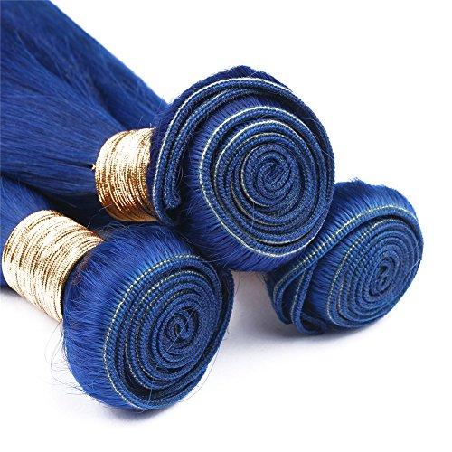 Generic Silky Straight Blue Color Human Hair Weaves With Lace Closure With Baby Hair Unprocessed Free Middle Closure Pieces With Blue 3Bundles Extensions (14 16 18+12 inch closure)