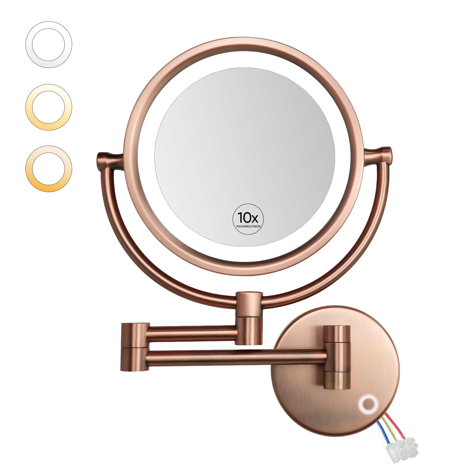 GURUN GURUN Wall Mounted Hardwired Makeup Mirror with 3 Tones Dimmable LED Lights 10x Magnifying Mirror with Touch Control for Bathroom Bedroom 13\" Extendable Arm M1809DB-9x10MR-T(10x,Matte Rose Gold)