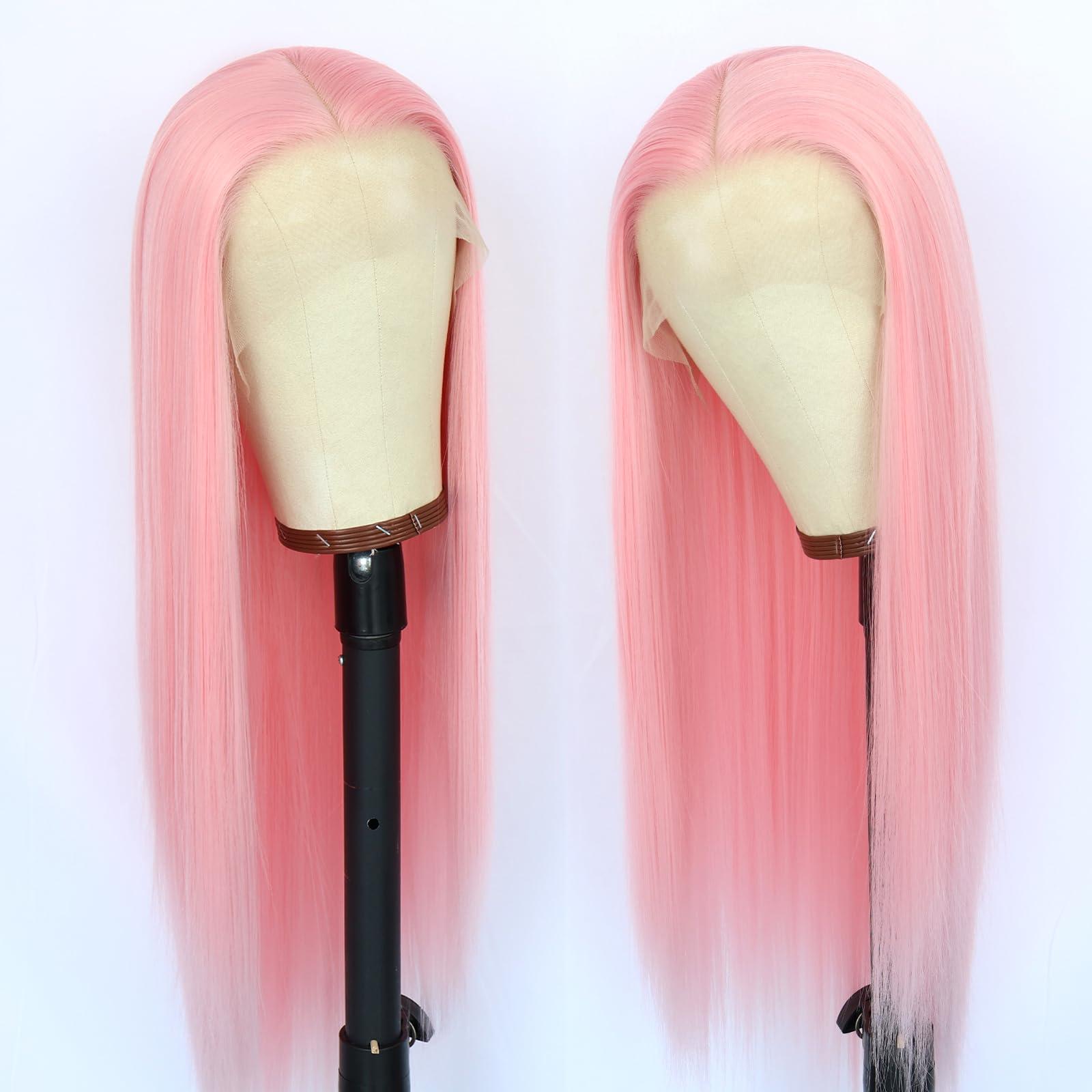 Oxeely Oxeely Light Pink Synthetic Lace Front Wigs Long Straight Hair Pink Lace Wigs Natural Hairline Pre Plucked Glueless Synthetic Lace Wigs Heat Resistant Fiber Hair Light Pink Wigs for Women Daily Wear