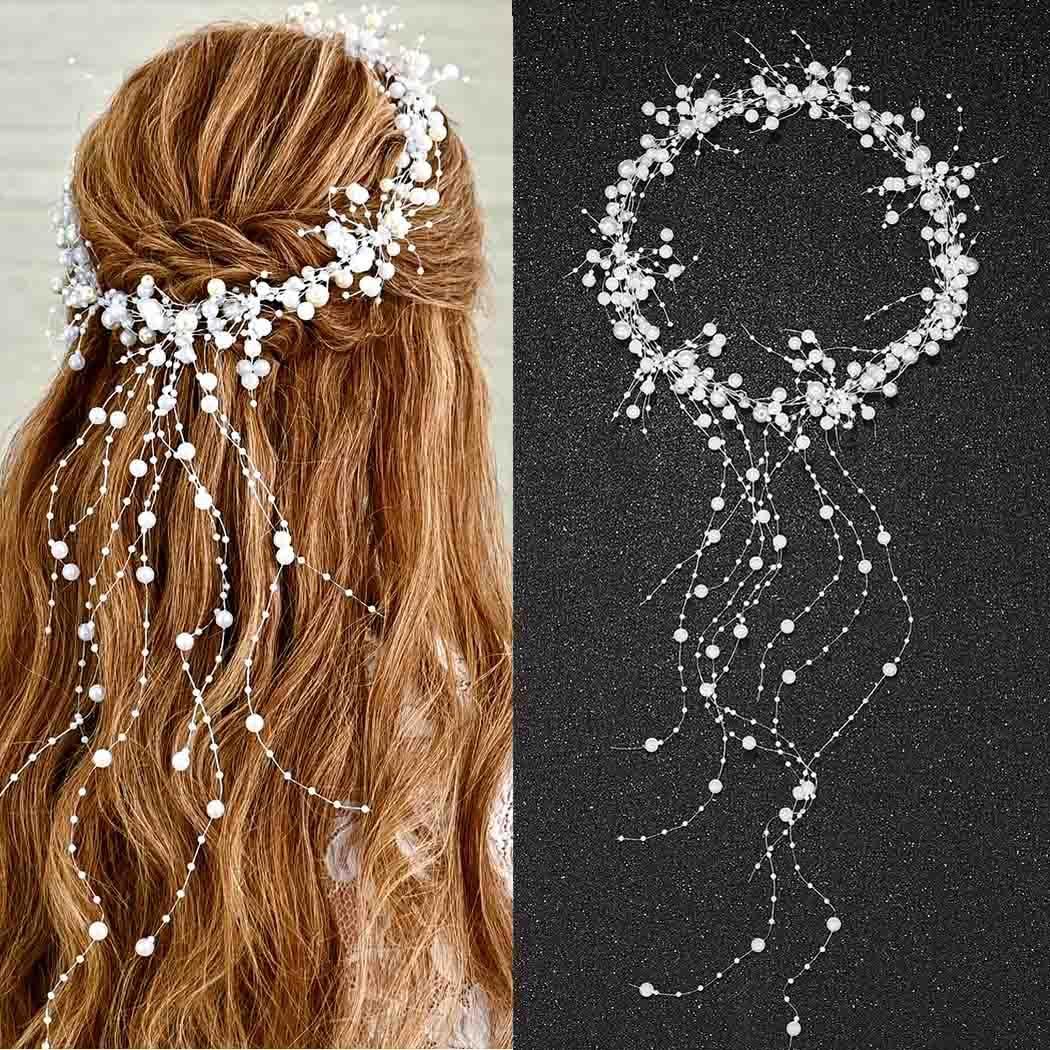 BARTOSI BARTOSI Pearl Bridal Headband Silver Pearl Tassel Wedding Hair Accessories Prom Headpiece for Women and Brides