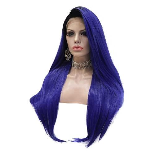 PAYNAN Blue Lace Wig Synthetic Lace Front Wigs Straight Hair Black Root Heat Resistant Fiber Wig
