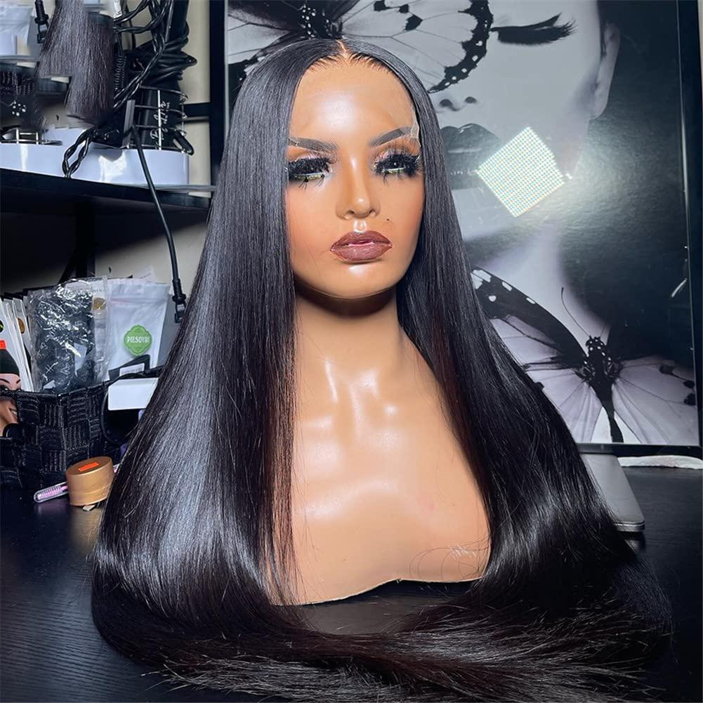 Youllyuu Youllyuu Women Straight Lace Front Wig Pre Plucked Bleached Knots Wigs Brazilian Remy Lace Front Human Hair Wigs 4x4 Lace Closure Wig 30in#Natural 130%