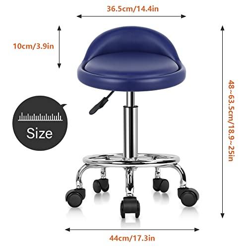 KKTONER KKTONER PU Leather Round Rolling Stool with Foot Rest Height Adjustable Swivel Drafting Work SPA Task Chair with Wheels (Blue)