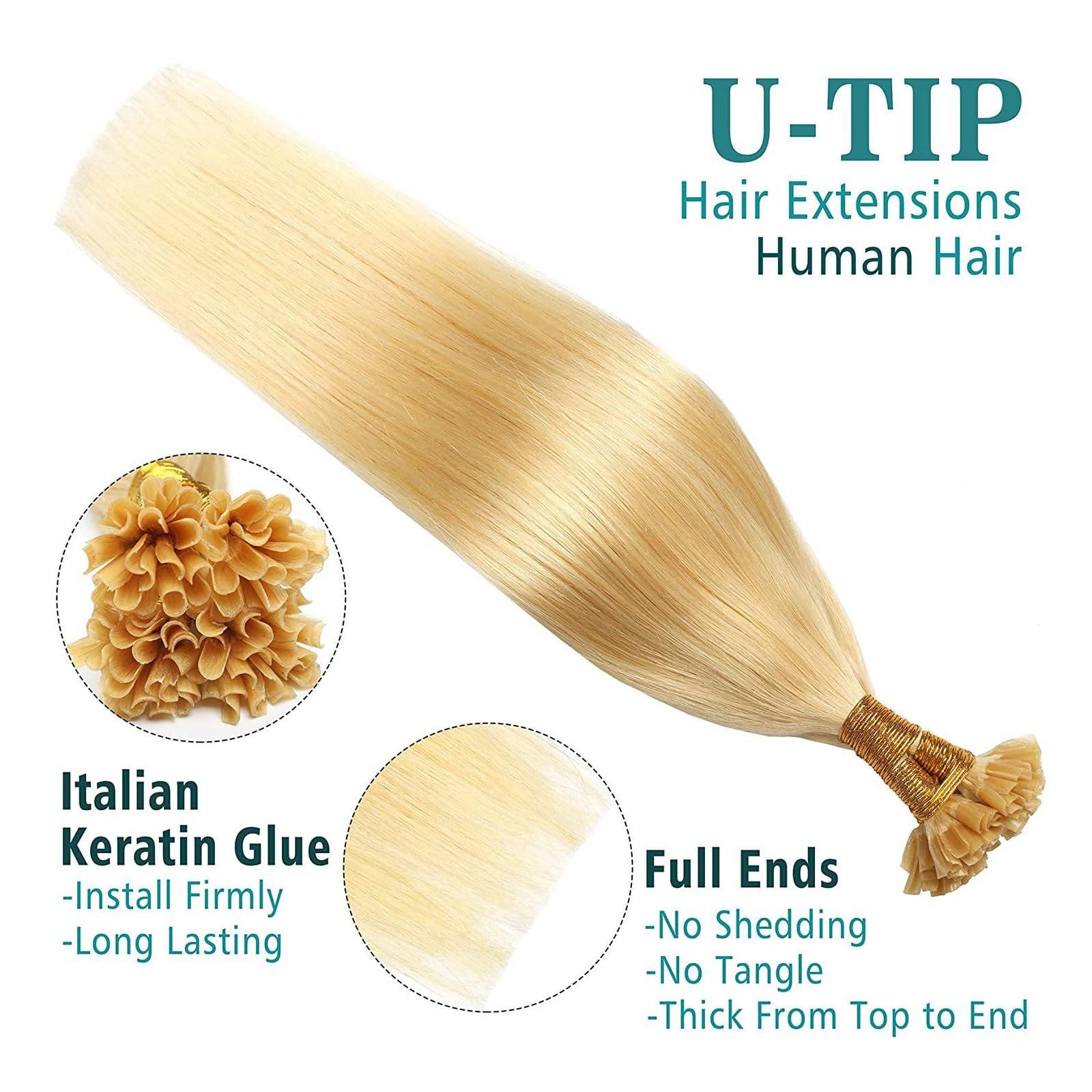 RIBONI U Tip Hair Extensions Human Hair Pre Bonded Keratin Fusion Nail U Tip Real Remy Human Hair Extension For Women 100 Strands 100G/Pack Light Brown 24Inch